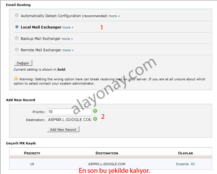 cpanel mx ayarlari