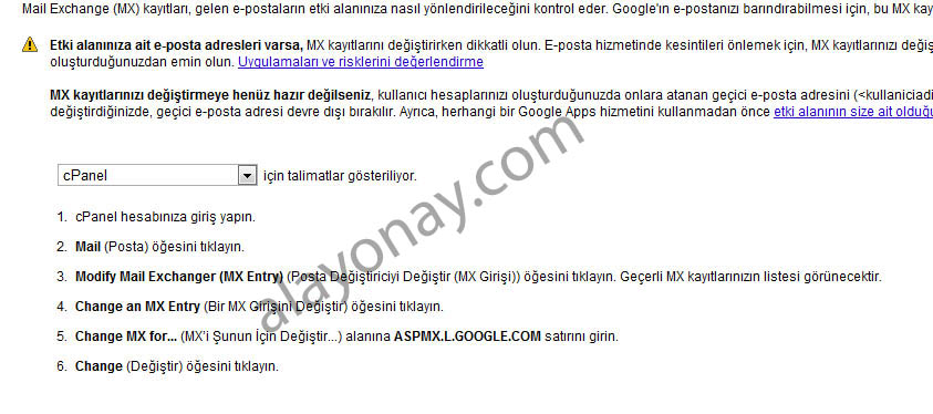 google cpanel ayarlari